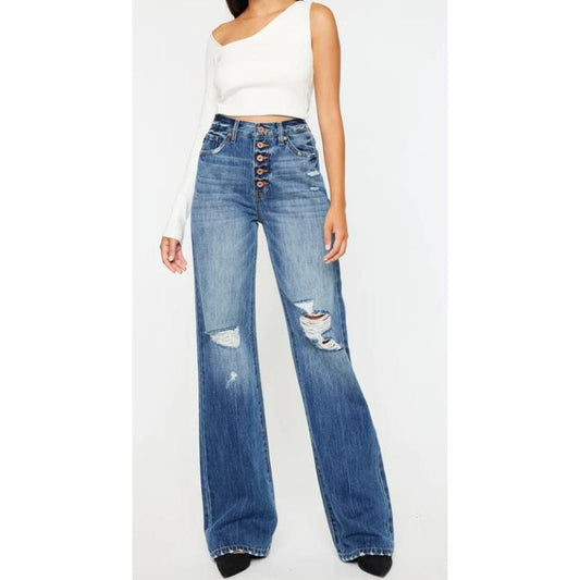 KanCan Ultra High Rise Exposed Button 90's Flare Medium Wash Jeans