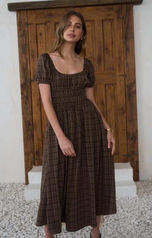 Plaid Shirred Puff Sleeve Front Tie Midi Dress (Mocha Multi)