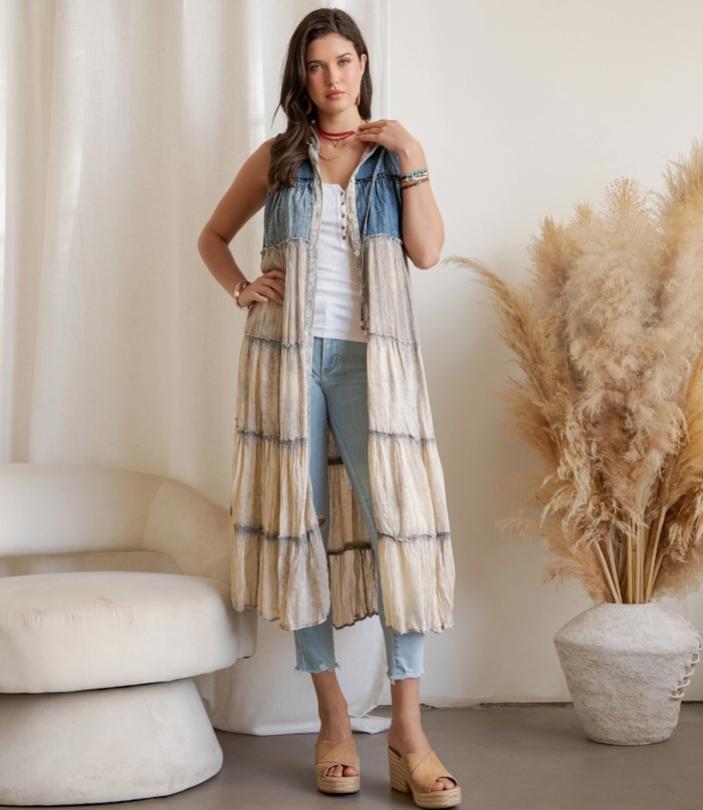 Boho Sleeveless Maxi Button-Front Duster with Hood (Latte)