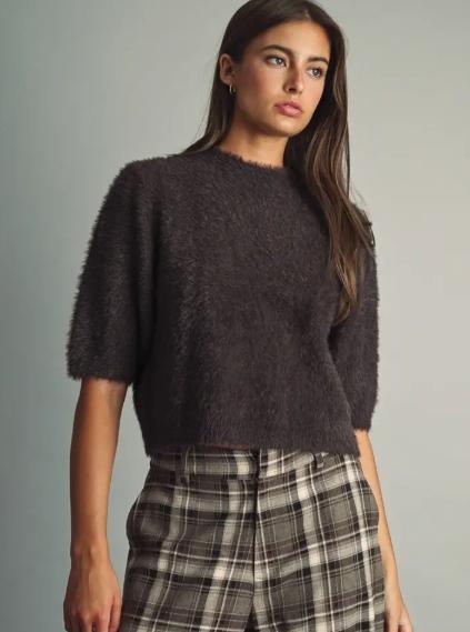 Fluffy Cropped Faux-Fur Sweater with Round Neck (Choco)