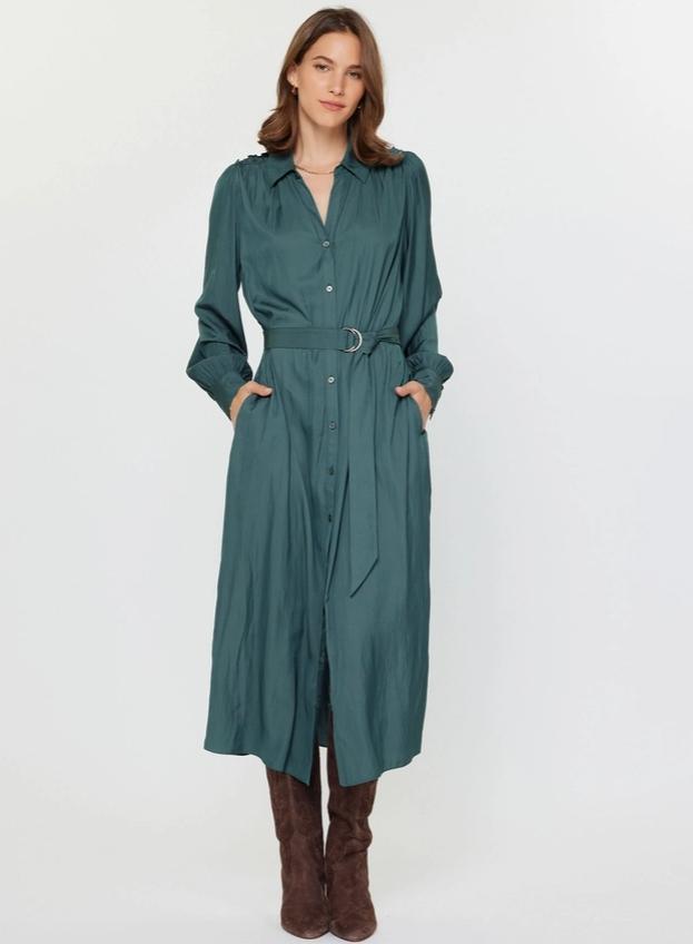 Button Down Midi Shirt Dress (Forest Green)