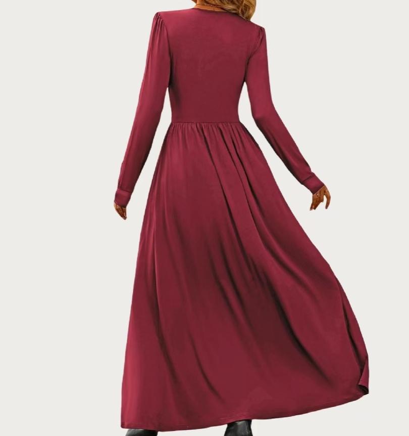 Solid Soft Stretchy Plunging Neck Long Sleeve Maxi Dress (Dark Red)