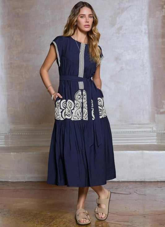 Boho Embroidery Cap Sleeve Midi Dress (Navy)