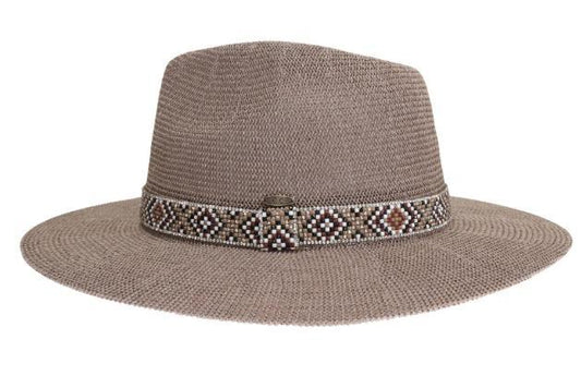 Knit Seed Bead/Rhinestone Band Panama Hat (Taupe)