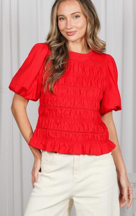Elasticized Smocked & Trim Accent (Red)