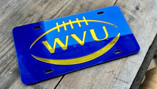 West Virginia Mountaineers Miror Blue WVU with Football Outline License Plate