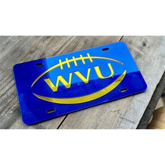 West Virginia Mountaineers Miror Blue WVU with Football Outline License Plate