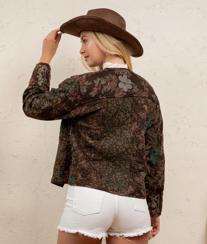 Vintage Floral Quilted Tapestry Pattern Long Sleeve Jacket