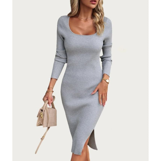 Classic Solid Ribbed Knit Long Sleeve Bodycon Midi Dress (Grey)