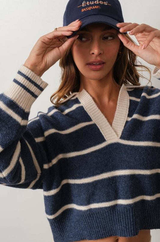 Striped V Neck Collared Soft (Navy)