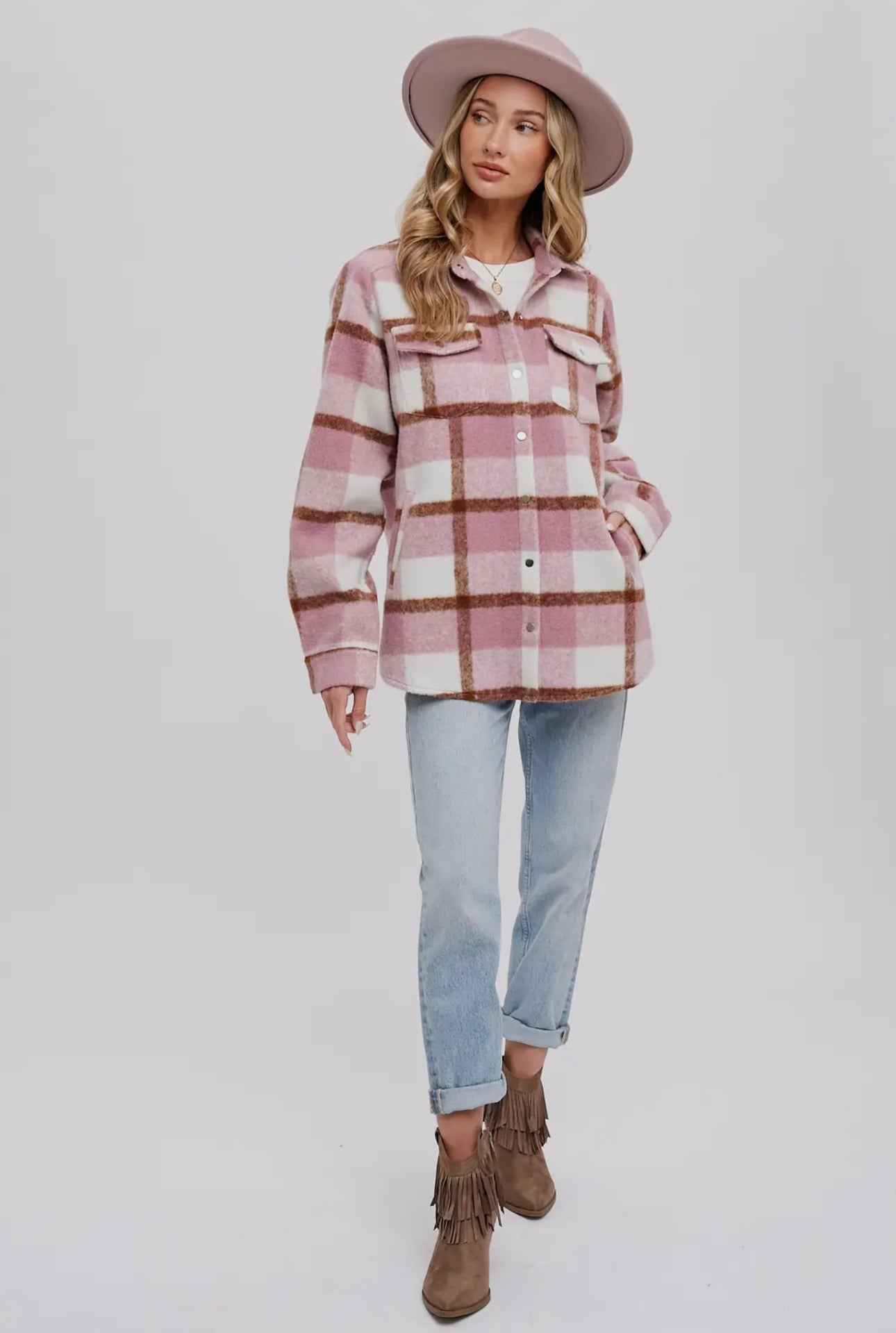 Plaid Brushed Flannel Shacket (Mauve)