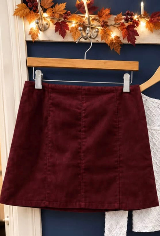 Faux Suede Vertical Seam Mini Skirt (Cherry Lacquer)