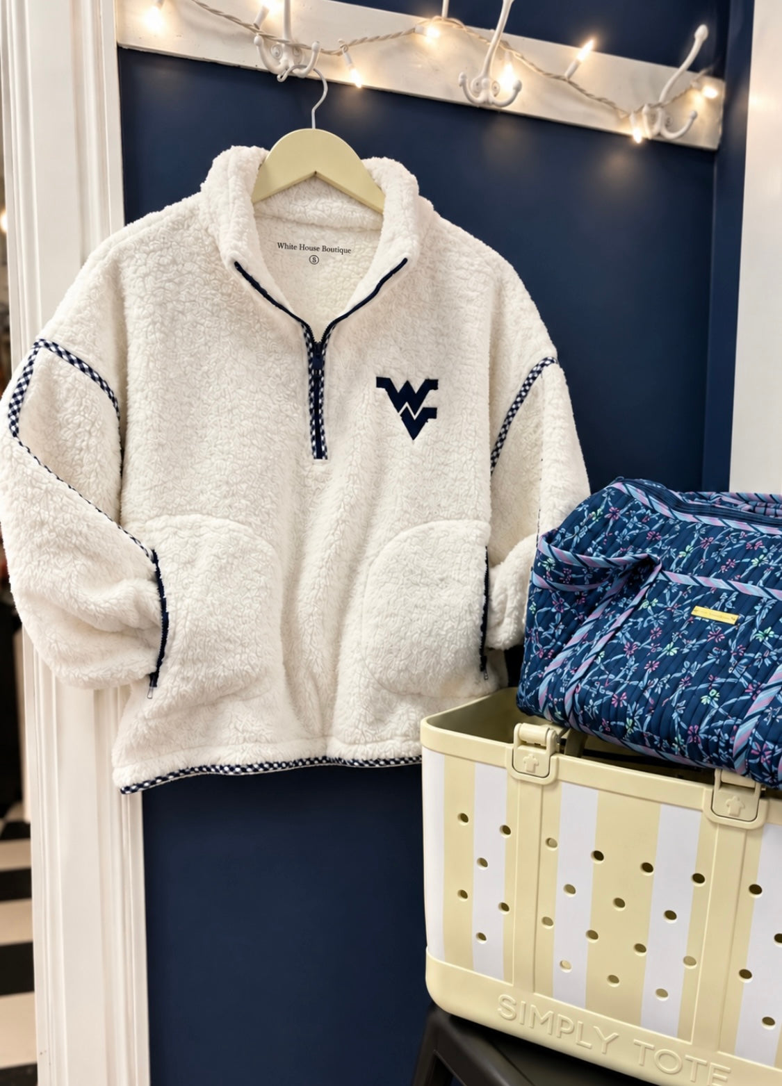WV Embroidered Gingham Trim Fleece Half Zip Pullover
