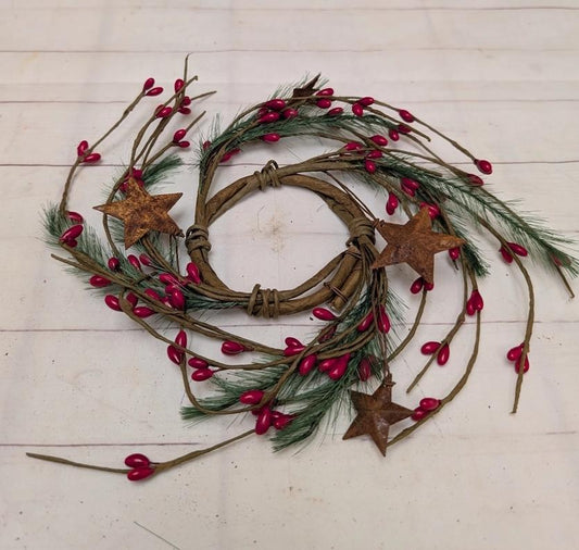 Feather Pine, Red Pip Berry and Rusty Star Candle Rings 2.5"