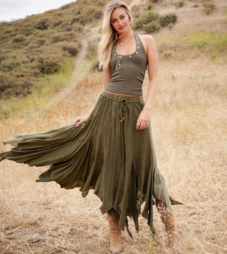 Boho Handkerchief Hem Patchwork Maxi Skirt (Gravel)