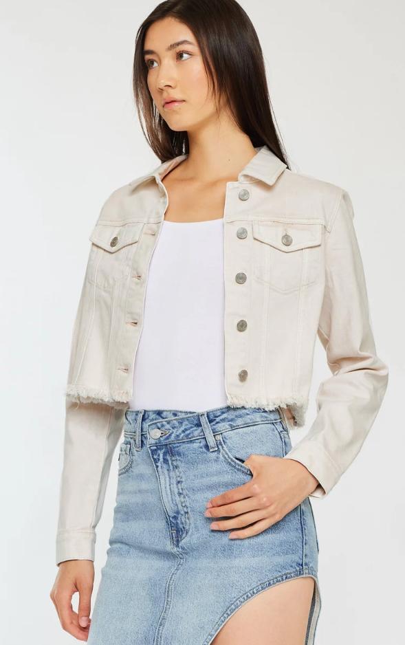 KanCan Ellie Cropped Denim Jacket – Ecru Frayed Hem Stretch