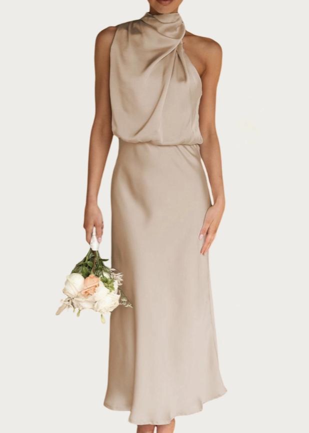 One-Shoulder Halter Formal Midi Dress (Apricot)