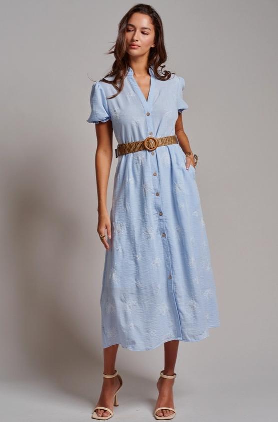 Embroidered Linen Blend Button Front Midi Dress (Blue)