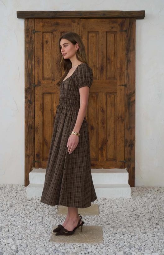 Plaid Shirred Puff Sleeve Front Tie Midi Dress (Mocha Multi)