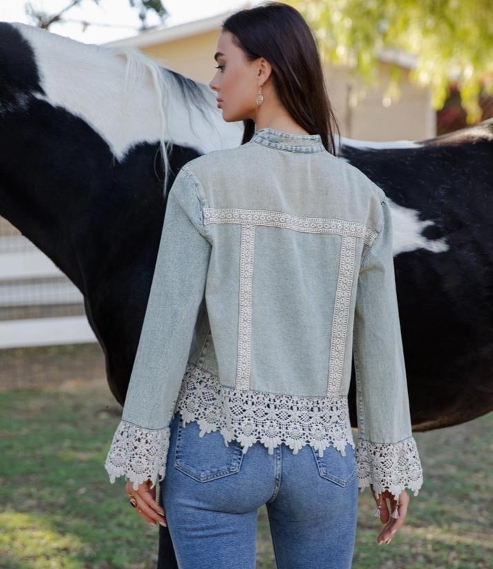 Boho Western Lace Trim Denim Button-Down Front Top (Latte)