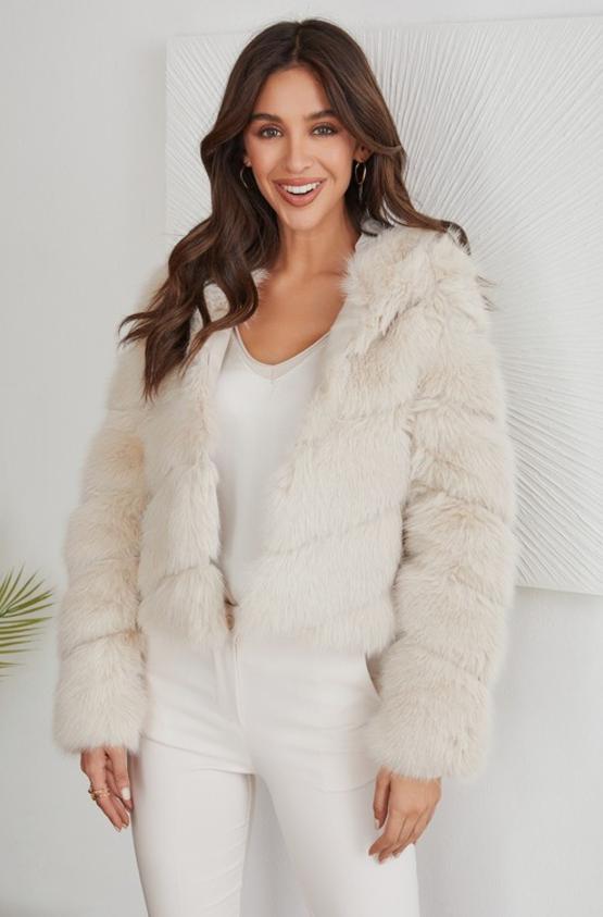 Beige Faux Fur Cropped Hoodie Coat