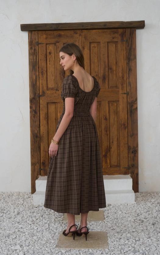 Plaid Shirred Puff Sleeve Front Tie Midi Dress (Mocha Multi)