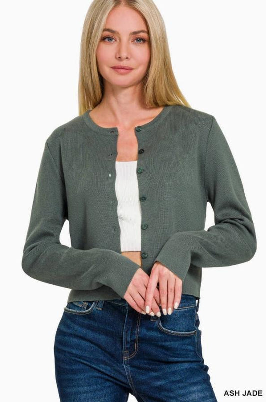 7 Button Crewneck Long Sleeve Cardigan (Ash Jade)