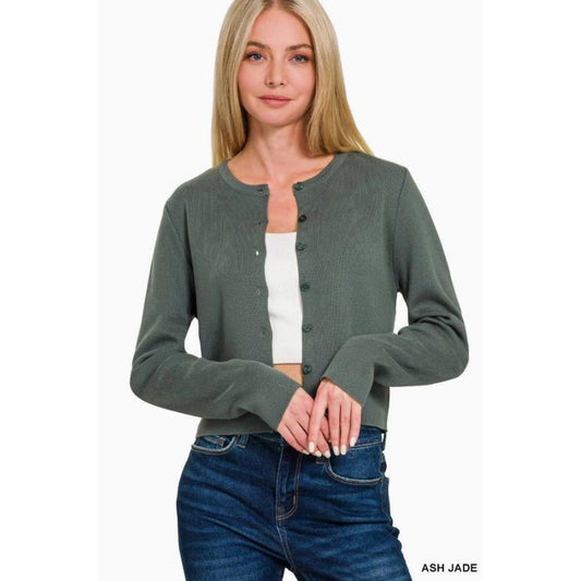 7 Button Crewneck Long Sleeve Cardigan (Ash Jade)