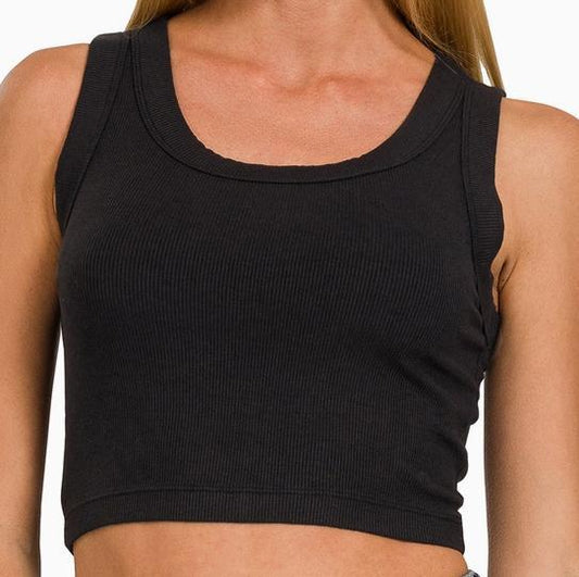 Ribbed Scoop Neck Cropped Tank Top (Black)