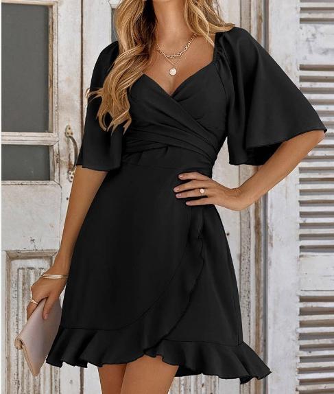 Solid V Neck Cross Ruffle Wide Sleeve Mini Dress (Black)