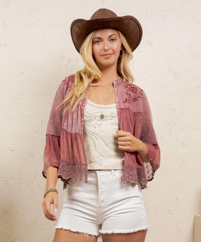 Tiered Patchwork Cropped Shrug (Garnet)