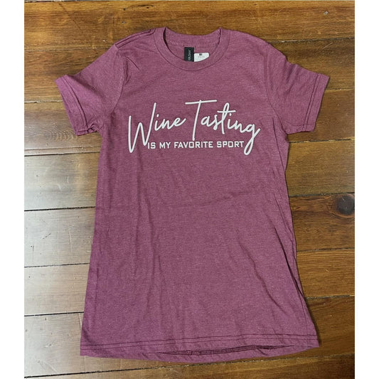 Wine Tasting Is My Favorite Sport Tee (Heathered Burgundy)