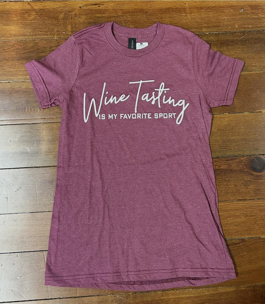 Wine Tasting Is My Favorite Sport Tee (Heathered Burgundy)