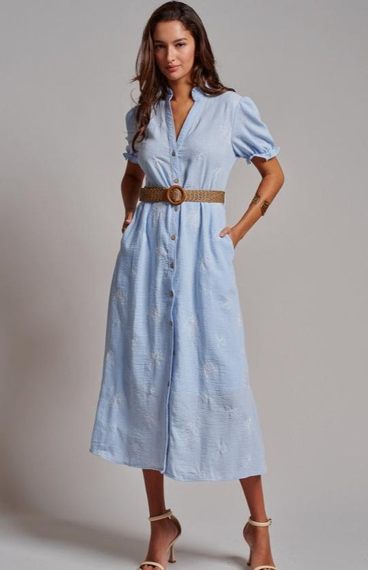 Embroidered Linen Blend Button Front Midi Dress (Blue)