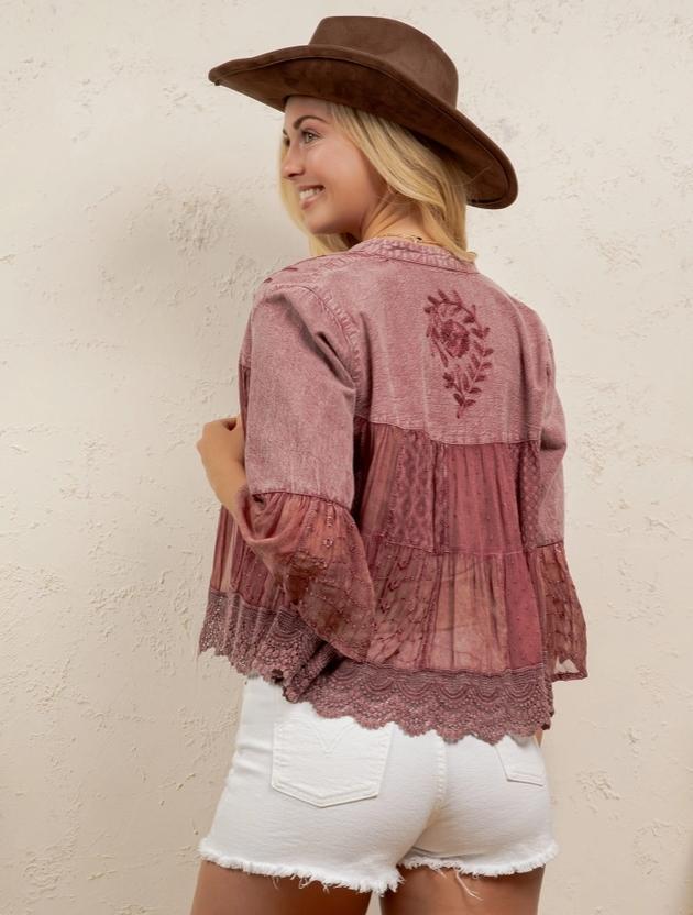Tiered Patchwork Cropped Shrug (Garnet)