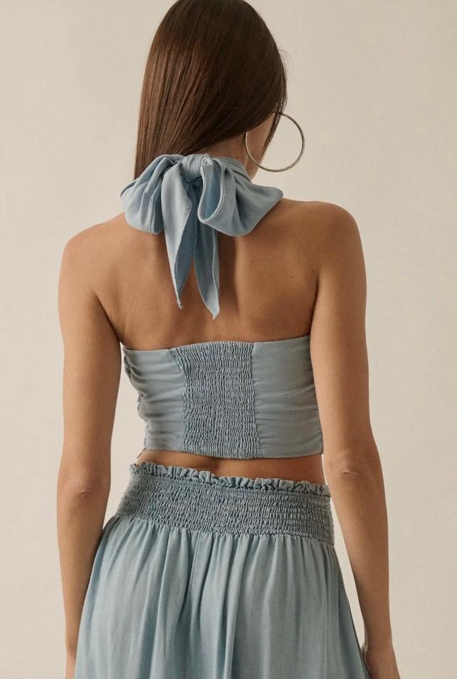 Solid Denim Cropped Wrapped Halter Top