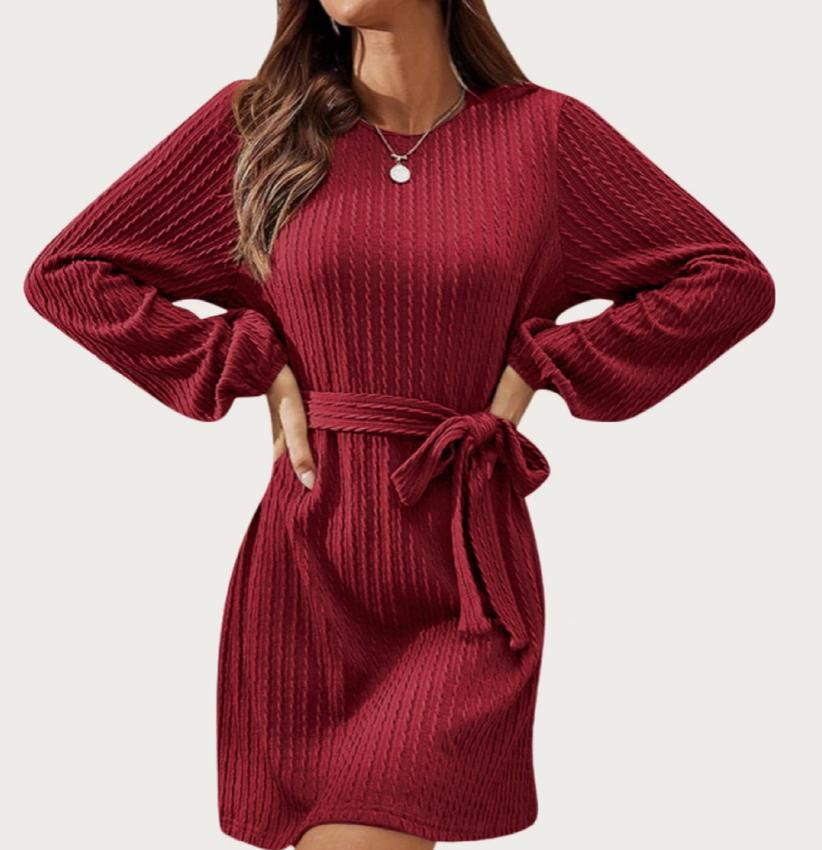 Casual and Soft Textured Long Sleeve Knit Mini Dress (Burgundy)