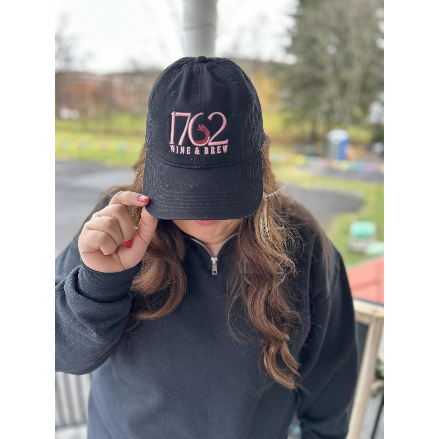 1762 Wine & Brew Hat (Black with Pink Writing)