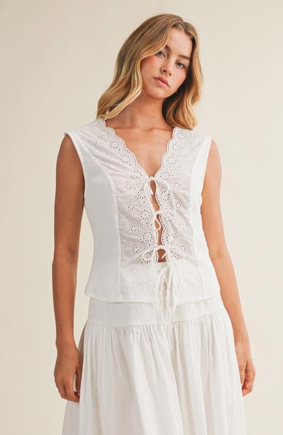 Eyelet and Rib Jersey Mixed Sleeveless Top (Off-White)