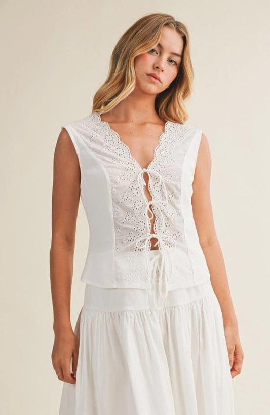 Eyelet and Rib Jersey Mixed Sleeveless Top (Off-White)
