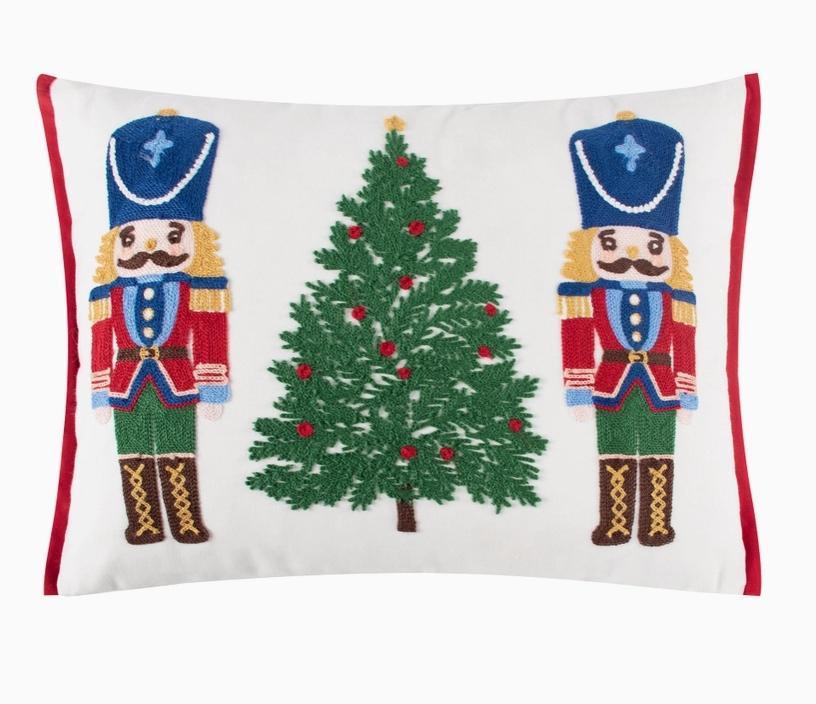 Festive Nutcrackers Tree Embroidered Pillow