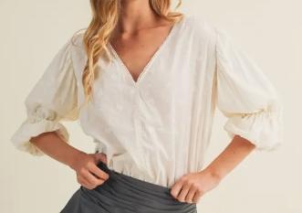 Tiered Flounce Embroidered Poplin Bodysuit (White)