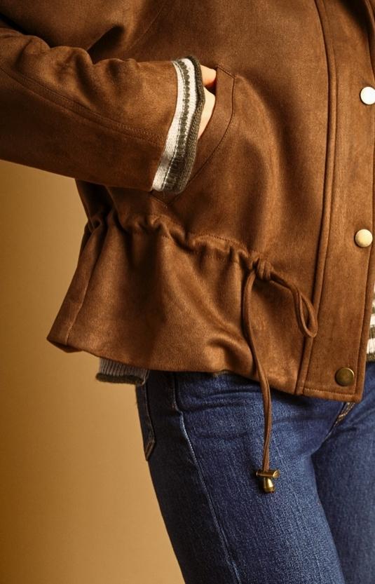 Suede Button Front High Collar Jacket (Brown)