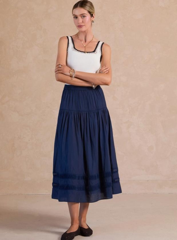 Tiered A-Line Midi Skirt (Navy)