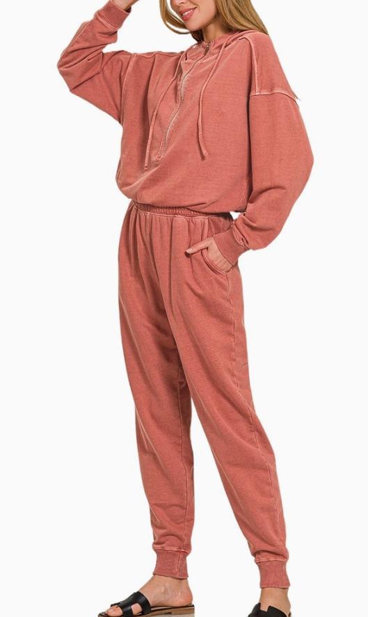 Enzyme Washed French Terry Jumpsuit (Rust)