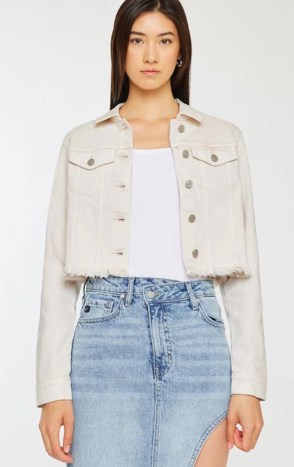 KanCan Ellie Cropped Denim Jacket – Ecru Frayed Hem Stretch