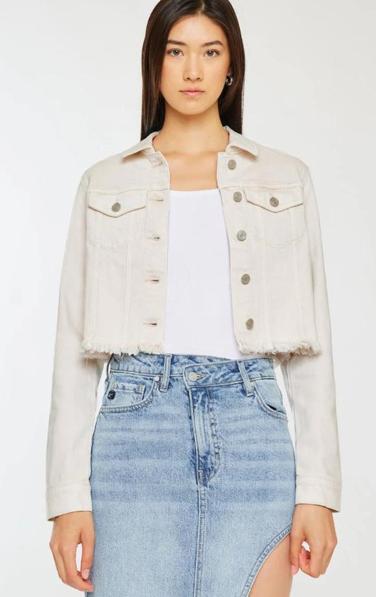 KanCan Ellie Cropped Denim Jacket – Ecru Frayed Hem Stretch