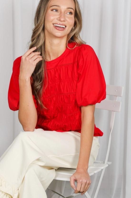 Elasticized Smocked & Trim Accent (Red)