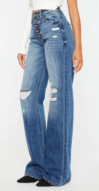 KanCan Ultra High Rise Exposed Button 90's Flare Medium Wash Jeans