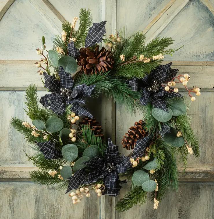 Cross Check Pointsettia Wreath with Pine Cones